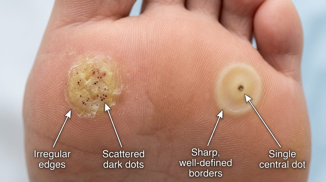 Как отличить подошвенную бородавку от мозоли